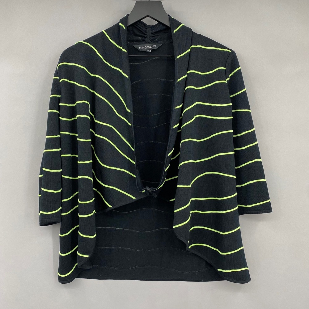 Ming Wang Petite Small Black Neon Green Wavy Stripe 3/4 Sleeve Knit Cardigan PS